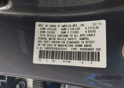 2014 Honda Accord Ex-L V-6 z USA, uszkodzony, nr VIN 1HGCR3F85EA035041